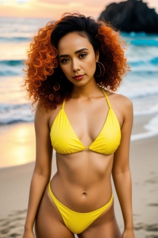 beautiful black woman in yellow bikini standing on the beach