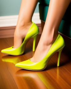 the woman's legs in bright yellow high heels on a wooden floor