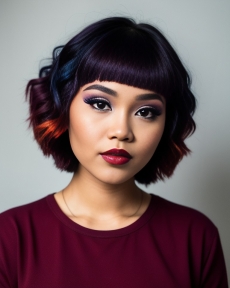 a young woman with short black hair and bright makeup