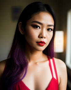 a young woman with long red hair and bright lipstick