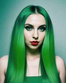 a young woman with green hair wearing a red lipstick